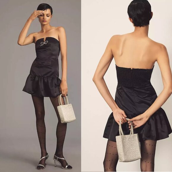 By Anthropologie Maeve Strapless Bow Bubble-Hem Mini Dress size L new nwT - Picture 1 of 5